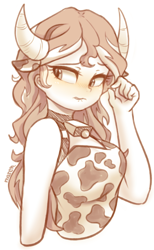 Size: 2302x3728 | Tagged: safe, artist:maren, imported from derpibooru, sunset shimmer, equestria girls, bell, blushing, cow costume, cow girl, cow horns, cowbell, cowprint, doodle, horns, lip bite, monochrome, partial color, simple background, sketch, solo, sunset shimmoo, white background
