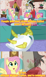 Size: 640x1074 | Tagged: safe, edit, edited screencap, imported from derpibooru, screencap, discord, fluttershy, draconequus, discordant harmony, comic, male, screencap comic, text, wilkins coffee