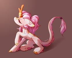 Size: 3583x2894 | Tagged: safe, artist:shore2020, imported from derpibooru, oc, oc only, kirin, eyes closed, kirin oc, raised hoof, simple background, sitting, smiling, solo, underhoof