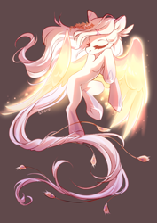 Size: 2894x4093 | Tagged: safe, artist:shore2020, imported from derpibooru, oc, oc only, pegasus, pony, eyes closed, female, flying, glow, glowing, glowing wings, gray background, leaf, long mane, long tail, mare, simple background, solo, sparkles, spread wings, underhoof, wings