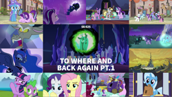 Size: 1966x1107 | Tagged: safe, edit, edited screencap, editor:quoterific, imported from derpibooru, screencap, applejack, barren hymn, cool beans, derpy hooves, discord, double diamond, fluttershy, log jam, night glider, party favor, pinkie pie, princess luna, queen chrysalis, rainbow dash, rarity, spike, sugar belle, thorax, trixie, twilight sparkle, alicorn, draconequus, to where and back again, bag, book, changeling hive, disguise, disguised changeling, flower flight, force field, male, mane six, our town, saddle bag, twilight sparkle (alicorn), twilight's castle