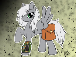 Size: 1600x1200 | Tagged: safe, artist:gusthebard, imported from derpibooru, oc, oc only, oc:aurora pinfeathers, pegasus, pony, fallout equestria, bag, fallout equestria: renewal, feather, female, gray coat, green eyes, mare, pipbuck, saddle bag, solo, solo female, white mane, wings