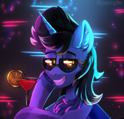 Size: 1200x1150 | Tagged: safe, artist:freak-side, imported from derpibooru, oc, oc only, oc:golden joystick, pony, unicorn, club, drink, neon, nightclub, solo