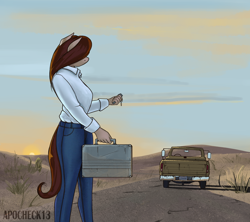 Size: 2358x2090 | Tagged: safe, artist:apocheck13, imported from derpibooru, oc, oc only, anthro, anthro oc, clothes, desert, female, jeans, morning, pants, pick up, pickup truck, road, solo