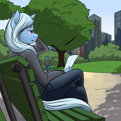 Size: 2000x2000 | Tagged: safe, artist:apocheck13, imported from derpibooru, trixie, anthro, pony, unicorn, bench, building, clothes, lidded eyes, park, scenery, sitting, smiling, solo focus, tree