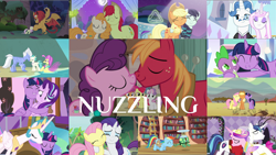 Size: 1968x1109 | Tagged: safe, edit, edited screencap, editor:quoterific, imported from derpibooru, screencap, apple bloom, applejack, big macintosh, bright mac, coloratura, fancypants, fleur-de-lis, fluttershy, manny roar, ocean flow, pear butter, princess cadance, princess celestia, rainbow dash, rarity, scootaloo, shining armor, sky beak, spike, starlight glimmer, sugar belle, sweetie belle, tank, terramar, twilight sparkle, alicorn, manticore, a canterlot wedding, a royal problem, fake it 'til you make it, friendship is magic, hard to say anything, just for sidekicks, princess twilight sparkle (episode), surf and/or turf, sweet and elite, the last roundup, the mane attraction, the perfect pear, the times they are a changeling, cheek squish, cutie mark crusaders, female, golden oaks library, male, nuzzling, shipping, squishy cheeks, stallion, straight, sugarmac, twilight sparkle (alicorn)