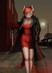 Size: 2000x2829 | Tagged: safe, artist:apocheck13, imported from derpibooru, oc, oc only, anthro, clothes, early, eyes closed, female, jacket, leather jacket, mare, morning, red dress, solo, street, walking