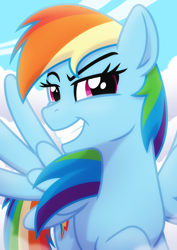 Size: 1980x2800 | Tagged: safe, artist:whitequartztheartist, imported from derpibooru, rainbow dash, pegasus, pony, cloud, faic, female, grin, sky, smiling, smug, smugdash, solo, solo female