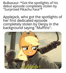 Size: 872x969 | Tagged: safe, edit, imported from derpibooru, screencap, applejack, bulbasaur, applebuck season, applejack is best facemaker, execution, first time, first time (meme), hanging (by neck), implied derpy, james franco, meme, meta, noose, pokémon, smug face, smugjack