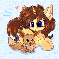 Size: 3000x3000 | Tagged: safe, artist:pesty_skillengton, imported from derpibooru, oc, oc only, oc:astral flare, eevee, pony, unicorn, abstract background, blushing, chest fluff, chibi, cutie, dock, ear fluff, female, heart, heart eyes, looking at each other, lying down, mare, open mouth, pokémon, prone, smiling, solo, wingding eyes