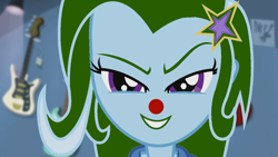 Size: 1280x720 | Tagged: safe, edit, edited screencap, editor:earwaxkid, imported from derpibooru, screencap, trixie, equestria girls, guitar centered, rainbow rocks, clothes, clown, cosplay, costume, the joker