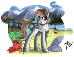 Size: 2600x2000 | Tagged: safe, artist:supermoix, imported from derpibooru, oc, oc only, butterfly, pegasus, pony, cute, eye clipping through hair, female, flower, forest, heart mark, looking at you, mare, markings, mountain, open mouth, rock, scenery, simple background, smiling, smiling at you, solo