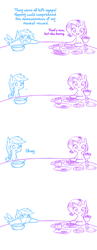 Size: 707x1814 | Tagged: safe, artist:raridashdoodles, edit, editor:maonyman, imported from derpibooru, rainbow dash, rarity, pegasus, pony, unicorn, ..., bowl, comic, dialogue, female, food, grumpy, mare, plate, table