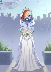 Size: 724x1023 | Tagged: safe, artist:the-dark-mangaka, imported from derpibooru, rainbow dash, anthro, pegasus, zebra, bodypaint, bouquet, breasts, busty rainbow dash, cleavage, clothes, confetti, dress, eyelashes, female, female focus, flag, flower, grin, hair over one eye, jewelry, marriage, necklace, outdoors, rainbow dash always dresses in style, rose, sexy, smiling, solo focus, striped, stupid sexy rainbow dash, tomboy taming, wedding, wedding dress, wingless, wingless anthro, zebra supremacy, zebradom