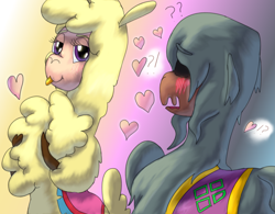 Size: 2589x2016 | Tagged: safe, artist:firefanatic, imported from derpibooru, adobo, paprika paca, alpaca, them's fightin' herds, :p, blushing, community related, conflicted, cute, female, flirting, fluffy, heart, male, nervous, paprika (tfh), saddle blanket, shipping, straight, tongue out