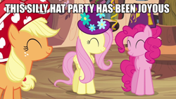 Size: 1200x675 | Tagged: safe, edit, edited screencap, imported from derpibooru, screencap, applejack, fluttershy, pinkie pie, earth pony, pegasus, pony, daring don't, caption, female, golden oaks library, hat, image macro, mare, text, trio