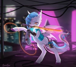 Size: 1200x1050 | Tagged: safe, artist:lunarlacepony, imported from derpibooru, oc, oc:chroma slip, pegasus, pony, cyberpunk, gun, katana, sword, weapon