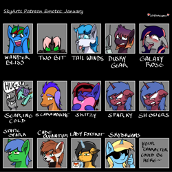 Size: 1500x1500 | Tagged: safe, artist:skydreams, imported from derpibooru, oc, oc:cade quantum, oc:dusky gear, oc:galaxy rose, oc:lady foxtrot, oc:scaramouche, oc:searing cold, oc:skitzy, oc:skydreams, oc:sparky showers, oc:static spark, oc:staticspark, oc:tail winds, oc:two bit, oc:wander bliss, alicorn, bat pony, bat pony alicorn, changeling, dragon, earth pony, fox, kirin, original species, plane pony, pony, red panda, unicorn, :p, ahegao, angry, bat pony oc, bat wings, blushing, blushing ears, crying, dead stare, disguise, disguised changeling, drool, drool string, ear blush, ear piercing, earring, emoji, emotes, female, glasses, heart, horn, jewelry, looking at you, male, mare, open mouth, patreon, patreon reward, piercing, plane, pounce, sad, screwdriver, stallion, sunglasses, thumbs up, tired, tongue out, wings