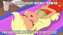 Size: 1200x675 | Tagged: safe, edit, edited screencap, imported from derpibooru, screencap, applejack, equestria girls, equestria girls series, i'm on a yacht, spoiler:eqg series (season 2), caption, image macro, text, vulgar