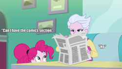 Size: 1200x675 | Tagged: safe, edit, edited screencap, imported from derpibooru, screencap, pinkie pie, sour persimmon, equestria girls, equestria girls series, five stars, spoiler:eqg series (season 2), newspaper