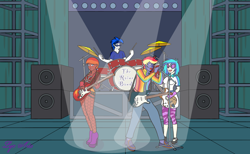 Size: 2956x1821 | Tagged: safe, artist:linedraweer, imported from derpibooru, dj pon-3, vinyl scratch, oc, oc only, oc:cobalt, oc:firebolt blaze, oc:rainbow lightspeed, equestria girls, clothes, commission, cymbals, drum kit, drum set, drums, electric guitar, female, guitar, male, microphone, microphone stand, musical instrument, speaker, speakers, spotlight, stage, sunglasses, vinyl's glasses