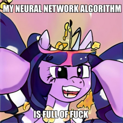 Size: 625x625 | Tagged: safe, artist:thisponydoesnotexist, imported from derpibooru, pony, ai content, ai generated, artificial intelligence, caption, faic, female, generator:thisponydoesnotexist, image macro, machine learning abomination, neural network, neural network abomination, not twilight sparkle, solo, text, vulgar