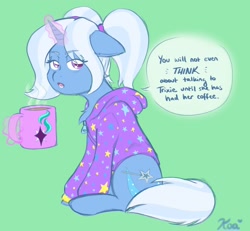 Size: 2500x2310 | Tagged: safe, artist:koa, artist:koapony, imported from derpibooru, trixie, pony, unicorn, alternate hairstyle, babysitter trixie, clothes, coffee mug, female, green background, hoodie, levitation, magic, magic aura, mare, mug, pigtails, simple background, solo, telekinesis