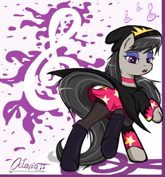 Size: 1114x1190 | Tagged: safe, artist:sallycars, imported from derpibooru, octavia melody, earth pony, pony, beanie, bedroom eyes, boots, choker, clothes, cosplay, costume, crossover, eyeshadow, female, hat, helluva boss, legitimately amazing mspaint, makeup, mare, ms paint, name joke, name pun, namesake, octavia (helluva boss), open mouth, pun, raised hoof, raised leg, shirt, shoes, socks, solo, stockings, thigh highs, visual pun