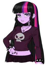 Size: 582x748 | Tagged: safe, artist:nairdags, imported from derpibooru, sci-twi, twilight sparkle, human, equestria girls, belly button, belly piercing, bellyring, clothes, collar, cross, cross necklace, ear piercing, earring, female, goth, jewelry, makeup, midriff, nail polish, necklace, piercing, simple background, solo, spiked wristband, white background, wristband