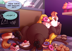 Size: 3508x2480 | Tagged: safe, artist:sugaryviolet, imported from derpibooru, oc, oc only, oc:macchiato, griffon, belly, big belly, chair, cute, fat, female, food, furniture abuse, griffon oc, pastries, paw pads, paws, stuffed, stuffed belly, underpaw