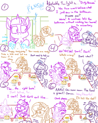 Size: 4779x6013 | Tagged: safe, artist:adorkabletwilightandfriends, imported from derpibooru, cinnamon chai, spike, starlight glimmer, twilight sparkle, alicorn, dragon, pony, unicorn, comic:adorkable twilight and friends, adorkable, adorkable twilight, bathroom, burrito, cellphone, comic, cute, dirty hooves, disgusted, disgusting, dork, eating, female, flush, food, fork, funny, give up, glowing horn, gross, hooves, horn, humor, magic, mare, phone, poop joke, public bathroom, public restroom, quesadilla, restaurant, restroom, sitting, slice of life, smartphone, soap, soap bubble, spoon, table, table football, table game, taco salad, telekinesis, toilet, toilet humor, twilight sparkle (alicorn), unsanitary, waitress, washing, washing hooves, watching