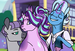 Size: 1280x883 | Tagged: safe, artist:eonionic, imported from derpibooru, maud pie, starlight glimmer, trixie, female, lesbian, mauxie, polyamory, shipping, starmaud, starmauxie, startrix