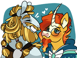 Size: 1600x1200 | Tagged: safe, artist:eonionic, imported from derpibooru, rockhoof, sunburst, earth pony, pony, unicorn, beard, cape, clothes, crack shipping, curved horn, eyes closed, facial hair, gay, glasses, heart, heart eyes, horn, male, rockburst, shipping, smiling, stallion, wingding eyes