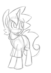 Size: 700x1000 | Tagged: safe, artist:star, imported from ponybooru, oc, oc only, oc:star, pony, unicorn, clothes, construction lines, grayscale, horn, male, monochrome, open mouth, simple background, sketch, solo, stallion, white background