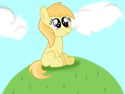 Size: 2048x1536 | Tagged: safe, artist:tangerinetwime, imported from derpibooru, noi, earth pony, pony, cloud, cute, female, filly, grass, hill, noiabetes, redraw, shadow, simple background, sitting, smiling, white background