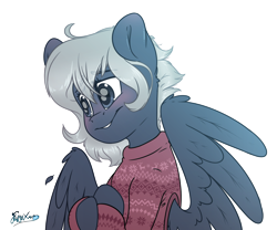 Size: 2400x2000 | Tagged: safe, artist:fluffyxai, imported from derpibooru, oc, oc only, oc:stratus, pegasus, pony, bashful, blushing, clothes, jumper, male, shy, simple background, smiling, solo, spread wings, stallion, transparent background, wings