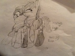 Size: 960x720 | Tagged: safe, artist:juliet-gwolf18, imported from derpibooru, earth pony, pony, attack on titan, boots, clothes, duo, eyes closed, lineart, male, ponified, raised hoof, scarf, shoes, smiling, stallion, traditional art
