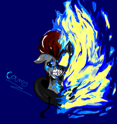 Size: 725x767 | Tagged: safe, artist:@cameron, imported from derpibooru, oc, oc only, oc:blue flare, earth pony, pony, blue background, clothes, cracking skin, crying, evil grin, fiery eyes, fiery mane, grin, hoodie, looking at you, male, ooze, shine, simple background, smiling, solo