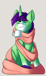 Size: 1782x2945 | Tagged: safe, artist:flashnoteart, imported from derpibooru, oc, oc only, oc:crescent star, crystal pony, pony, unicorn, clothes, commission, crystal unicorn, glasses, mug, oversized scarf, scarf, sitting, smiling, solo