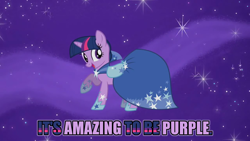 Size: 1280x720 | Tagged: safe, edit, edited screencap, imported from derpibooru, part of a set, screencap, twilight sparkle, pony, suited for success, clothes, dress, gala dress, looking at you, solo, text