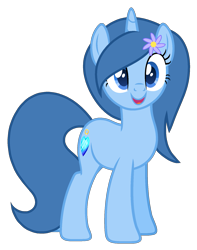 Size: 1447x1835 | Tagged: safe, artist:muhammad yunus, artist:tanahgrogot, imported from derpibooru, oc, oc only, oc:ice aurora, pony, unicorn, derpibooru community collaboration, 2021 community collab, base used, blue body, blue eyes, cute, flower, flower in hair, heart, jewelry, ocbetes, open mouth, open smile, ring, simple background, smiling, solo, transparent background