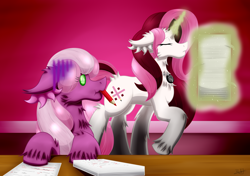 Size: 2194x1542 | Tagged: safe, artist:thebenalpha, imported from derpibooru, cheerilee, oc, oc:mirim sylviana, earth pony, unicorn, jewelry, magic, paper, ryoku verse, teacher, tired, working