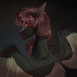 Size: 850x850 | Tagged: safe, artist:basilllisk, imported from derpibooru, oc, oc only, pegasus, pony, bedroom eyes, commission, digital art, looking at you, looking back, looking back at you, male, simple background, solo, spread wings, stallion, wings