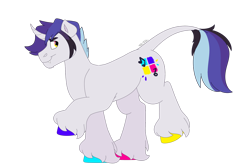 Size: 1280x854 | Tagged: safe, artist:itstechtock, imported from derpibooru, oc, oc only, earth pony, pony, unicorn, colored hooves, curved horn, horn, leonine tail, male, multicolored hooves, simple background, solo, solopony, stallion, tail, transparent background, unshorn fetlocks