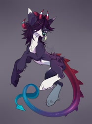 Size: 956x1280 | Tagged: safe, artist:basilllisk, imported from derpibooru, oc, oc only, dracony, dragon, earth pony, hybrid, pony, commission, digital art, female, horn, mare, open mouth, simple background, solo, tail, tongue out