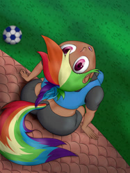 Size: 1024x1366 | Tagged: safe, alternate version, artist:tunrae, imported from derpibooru, rainbow dash, equestria girls, clothes, female, football, human coloration, looking at you, looking up, looking up at you, soccer ball (object), solo, wingless