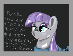 Size: 972x752 | Tagged: safe, artist:@cameron, imported from derpibooru, maud pie, butterfly, earth pony, pony, maud pie (episode), bust, cross-eyed, digital art, female, looking at something, mare, quote, rock, simple background, solo, talking