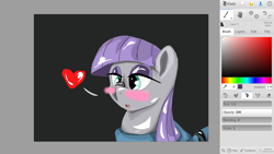 Size: 1366x768 | Tagged: safe, artist:@cameron, imported from derpibooru, screencap, maud pie, blushing, cute, digital art, heart, looking at something, maud being maud, rock, simple background