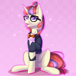 Size: 2000x2000 | Tagged: safe, artist:villjulie, imported from derpibooru, moondancer, pony, unicorn, clothes, cute, dancerbetes, female, food, glasses, ice cream, mare, milkshake, sitting, solo, sweater