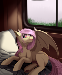 Size: 2000x2400 | Tagged: safe, artist:villjulie, imported from derpibooru, fluttershy, bat pony, pony, bat ponified, dock, fangs, female, flutterbat, mare, photo, ponies in real life, race swap, solo, train, window